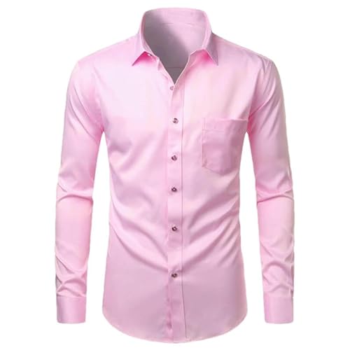 GaoLeAve Herren Hemden Slim Fit Knitterarm Frei Freizeit Langarm Einfarbig Elastisch Hochzeit Arbeitshemd Pink8 M von GaoLeAve