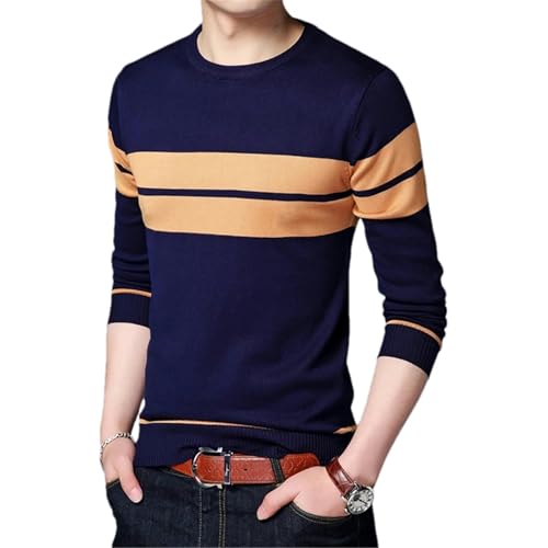 GaoLeAve Lässiger gestreifter Strickpullover für Herren für Frühling und Herbst mit Langen Ärmeln. Herren-Pullover mit Rundhalsausschnitt gestreifter Strickpullover Navy Blue XXS von GaoLeAve