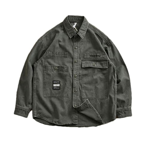 GaoLeAve Schweres Cargo-Hemd für Herren Retro-Freizeitmantel aus Reiner gewaschener Baumwolle mit Langen Ärmeln Dark Gray M von GaoLeAve