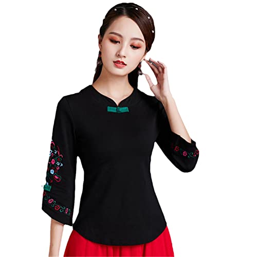 GaoLeAve Traditionelle chinesische Kleidung Damen Tops Sommer Baumwollmischung Stickerei halbe Ärmel Tang Kostüm Hemden Frau Black S von GaoLeAve