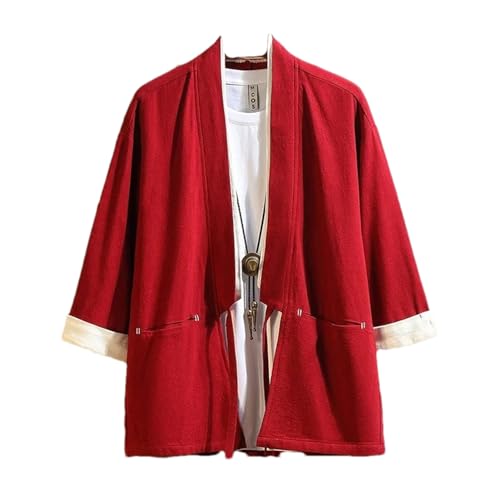Herren Strickjacke Japanischer Kimono Herren Samurai Kostüm Kleidung Kimono Jacke Herren Kimono Shirt Yukata Haori Lässiger Mantel red XXL von GaoLeAve
