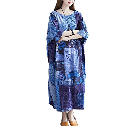 GaoYunQin Frauen Dress Frauen Lässige Übergröße Kleid, Bettwäsche aus Baumwolle Vintage Long Boho Maxikleid, Sommer Lose Sommerkleid mit Tasche (Color : Blue, Size : One Size) von GaoYunQin