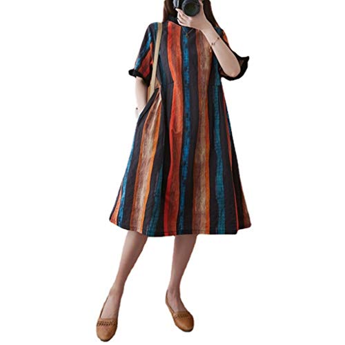 GaoYunQin Frauen Dress Frauen Maxikleid, 3/4 Ärmel Gestreift Lässig Boho Langes Kleid Vintage Baumwolle Leinen Partykleid mit Taschen (Color : Rainbow, Size : L) von GaoYunQin