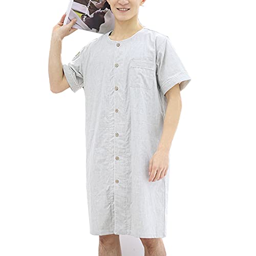 Herren Nachthemd Kurzarm Baumwolle Weich Nachtwäsche Rundhals Schlafanzug Hemd Bequemes Plaid Nachthemd (Color : Grey, Size : L) von GaoYunQin