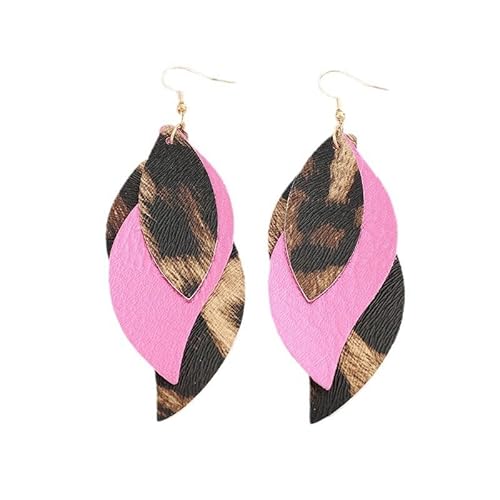 Gaodercha 1 Paar Leopard Druck Ohrringe Drei Schicht S-förmige Leopard Druck Rosa Leder Frauen Ohrringe Mode Boho Große Aussage Teardrop Ohrhaken für Damen Frauen Geburtstagsgeschenke von Gaodercha