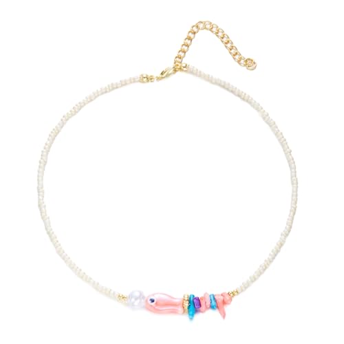 Gaodercha 1 Stück Boho Choker Halskette Kette Weißer Reis Perlen Halskette Bohemian Perlen Choker Halskette mit Keramik Rosa Fisch Sommer Strand Schmuck Geschenk für Frauen Damen aller Altersgruppen von Gaodercha