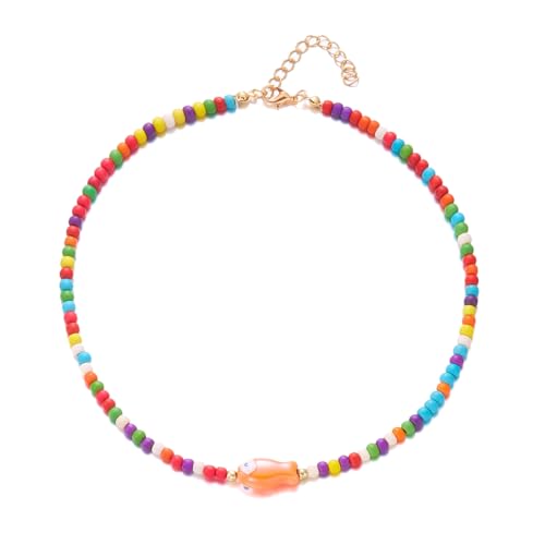 Gaodercha 1 Stück Boho Choker Halskette Kette bunte Reis Perlen Halskette Bohemian Perlen Choker Halskette mit Keramik kleinen Fisch Sommer Strand Schmuck Geschenk für Frauen Damen aller Altersgruppen von Gaodercha