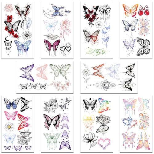 Gaodercha 10 Blätter Schmetterling Temporäre Tattoos Bunte Schmetterling Klebetattoos Kleber Schmetterlings Tattoos Realistische Fake Tattoo Aufkleber für Mädchen Frauen Arme Schultern Party Karneval von Gaodercha