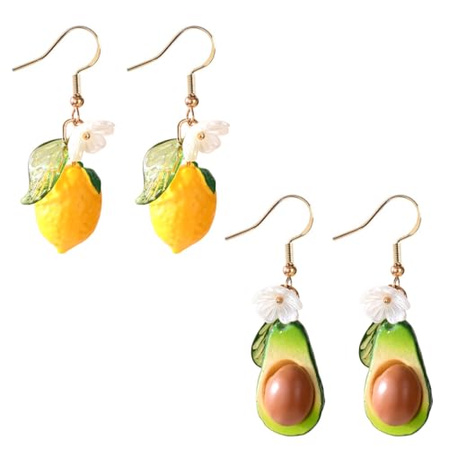 Gaodercha 2 Paar Frucht Ohrringe Harz Sweet Dangle Drop Fruit Earring Fun Lemon Avocado Hook Ohrringe Lovely Fruit Jewelry Set für Frauen Geburtstag Schmuck Hochzeit Geschenke von Gaodercha