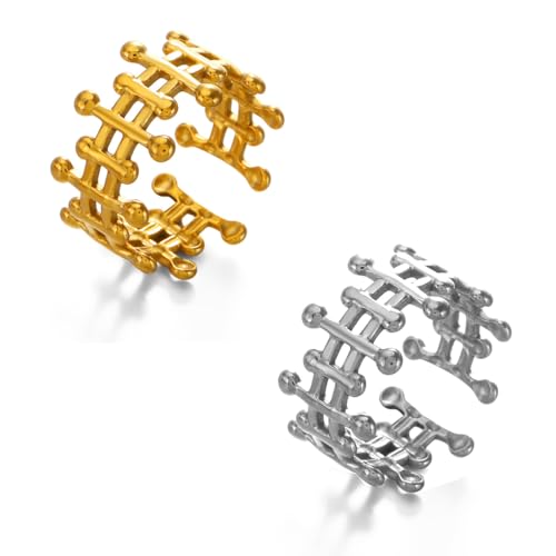 Gaodercha 2pcs Edelstahl Geometrie Open Ring 2 Farben Hip-Hop Double Bar Band Ring Adjustable Comfort Stacking Finger Ring für Frauen Geburtstag Schmuck Hochzeit Geschenke von Gaodercha