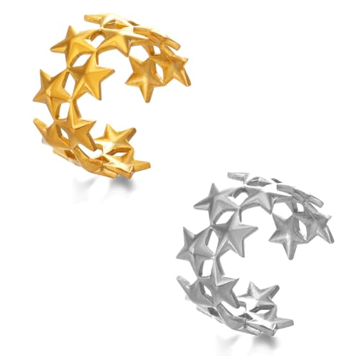 Gaodercha 2pcs Edelstahl Star Open Ring 2 Farben Ethnische Double Star Band Ring Einstellbare Komfort Stacking Star Finger Ring für Frauen Geburtstag Schmuck Hochzeit Geschenke von Gaodercha
