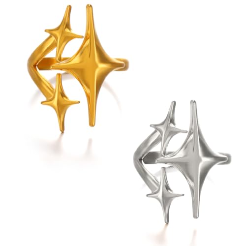 Gaodercha 2pcs Edelstahl Star Open Ring 2 Farben funkelnden vierzackigen Stern Ring einfaches Kreuz Stern Öffnung verstellbare Finger Rings für Frauen Geburtstag Schmuck Hochzeit Geschenke von Gaodercha