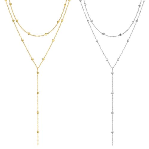 Gaodercha 2pcs Lange Gold Silber Layered Halskette für Frauen Dainty Lange Halskette Y-förmig Trendy Einfache Gold Schmuck Lange Halsketten für Frauen Mädchen Party Valentinstag Muttertag von Gaodercha
