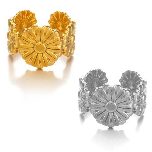 Gaodercha 2pcs Petal Ring Open Vintage Edelstahl Ring 2 Farben Chunky Blume Edelstahl Rings Adjustable Comfort Stacking Blume Finger Rings für Frauen Geburtstag Schmuck Hochzeit Geschenke von Gaodercha