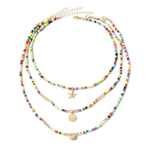 Gaodercha 3 Layer Boho Sommer Perlen Halsketten Bunte Perlen Gold Halsketten Seestern Shell Baum des Lebens Anhänger Halskette Legierung Multi Layer Halskette für Frauen Sommer Strand Schmuck Zubehör von Gaodercha