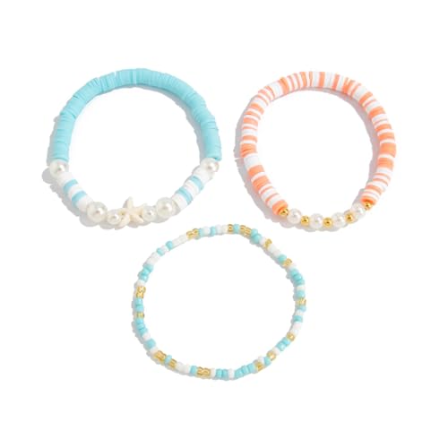 Gaodercha 3pcs 3 Styles Strand Ozean Wind Armbänder Sea Star Design mit weichen Keramik Reis Perlen Imitation Perlen Armband Mixed Color 18cm Armbänder für Frauen Mädchen Sommerurlaub, Strand Parteien von Gaodercha