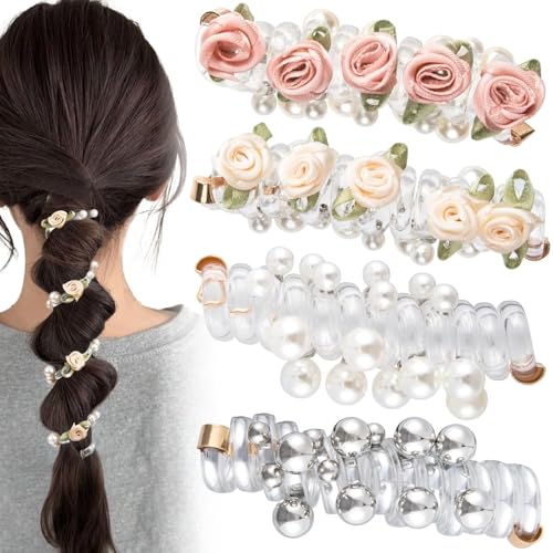 Gaodercha 4 Pack Keine Schäden Weiche elastische Spirale Haarkrawatten Perle verdrehtes Haar Draht Pony Haarkrawatte Perle Blume 2 Stile Haar Zubehör für Frauen Mädchen täglicher Gebrauch von Gaodercha