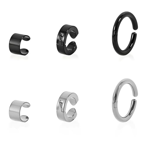 Gaodercha 6 PCS Edelstahl Ohrmanschetten Ohrmanschette keine Piercing Schwarz und Silber Edelstahl Ohrmanschetten Nicht durchbohrte Ohrmanschettens für Frauen Männer Mode Clip auf Schmuck von Gaodercha