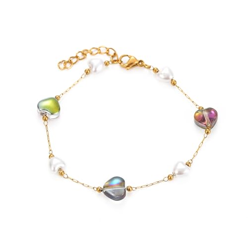 Gaodercha Boho Bunte Kristall Herz Armband Regenbogen Edelstein Herz Liebe Armband bunte Pfirsich Herzs Armbands modische Legierung Armbands Vintage Liebe Link Schmuck für Frauen Mädchen von Gaodercha