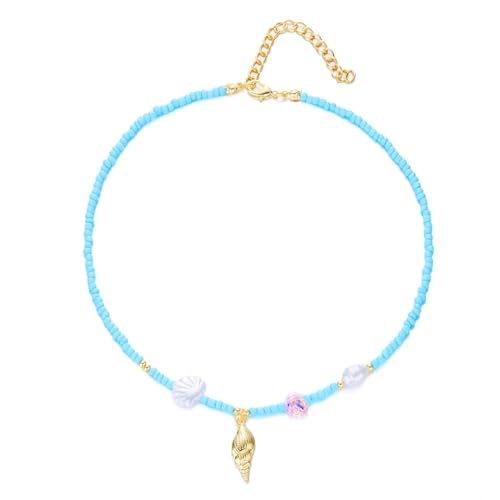 Gaodercha Boho Choker Halskette Kette Blauer Reis Perlen Halskette Bohemian Perlen Choker Halskette mit Muscheln Scallops Anhänger Sommer Strand Schmuck Geschenk für Frauen Damen aller Altersgruppen von Gaodercha