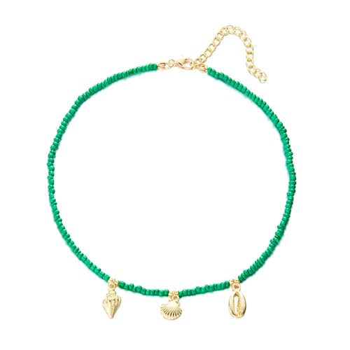 Gaodercha Boho Choker Halskette Kette Grün Reis Perlen Halskette Bohemian Perlen Choker Halskette mit Muscheln Schallöpfe Anhänger Sommer Strand Schmuck Geschenk für Frauen Damen aller Altersgruppen von Gaodercha