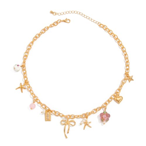 Gaodercha Gold Halsketten für Frauen Trendy Charme Halskette mit Bogen Gold Bogen Herz Keramische Blume Anhänger Halskette Eisenkette Legierung Keramische Perlen Schmuck für den täglichen Gebrauch von Gaodercha