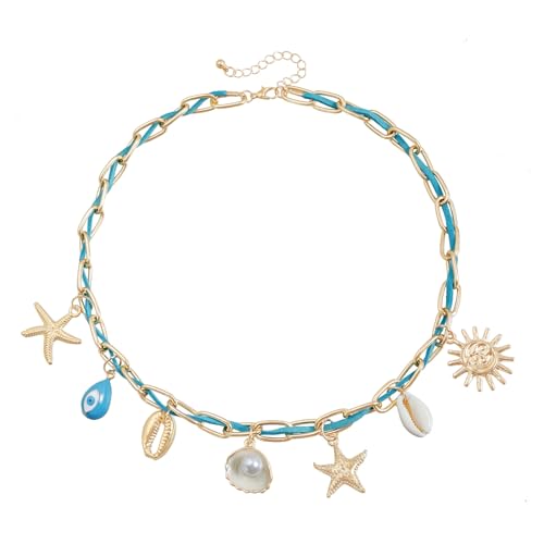 Gaodercha Ocean Style Charm Halskette Muschel und Seestern Anhänger Halskette Strand Hexagramm Anhänger Sachen Sommer Schmuck Boho Seastar Halskette Strand-Thema Gold Link Halskettes für Frauen von Gaodercha