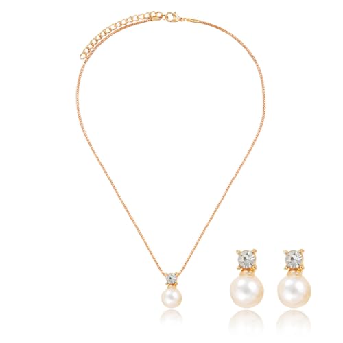 Gaodercha Perle Hochzeit Halskette Ohrringe Set CZ Kristall Perle Tropfen Ohrringe Halskette Licht Luxus Zirkonia Ohrringes Halskettes für Bräute Brautjungfern Geburtstag Frauen Schmuck von Gaodercha