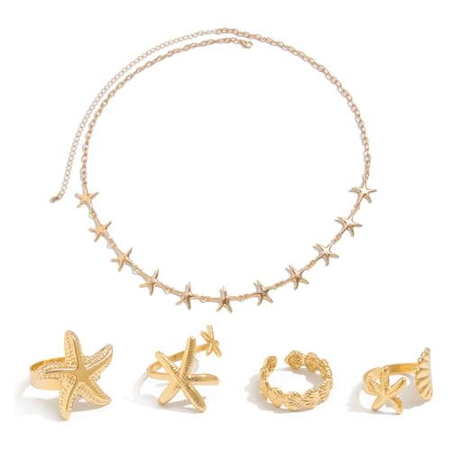 Gaodercha Seashell Starfish Schmuck Set mit 1pc Gold Starfish Taille Kette Gürtel und 4pcs Seashell Beach Wave Ringe Starfish Meerjungfrau Kostüm für Frauen Sommer Meer Strand Urlaub Geschenke Gaodercha Seashell Starfish Schmuck Set mit 1pc Gold Starfish Taille Kette Gürtel und 4pcs Seashell Beach Wave Ringe Starfish Meerjungfrau Kostüm für Frauen Sommer Meer Strand Urlaub Geschenke von Gaodercha