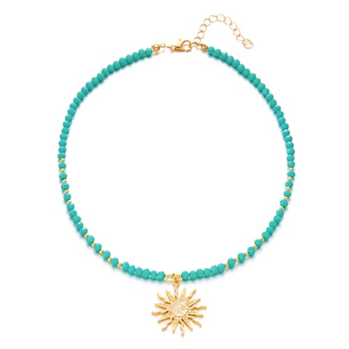 Gaodercha Sonnenhänger Halskette für Frauen Türkis Perlen Sonne Strass Anhänger Kristall Halskette Boho Sommer Strand Choker Halskette Kristall Legierung Mode Schmuck für Frauen tägliche Bekleidung von Gaodercha