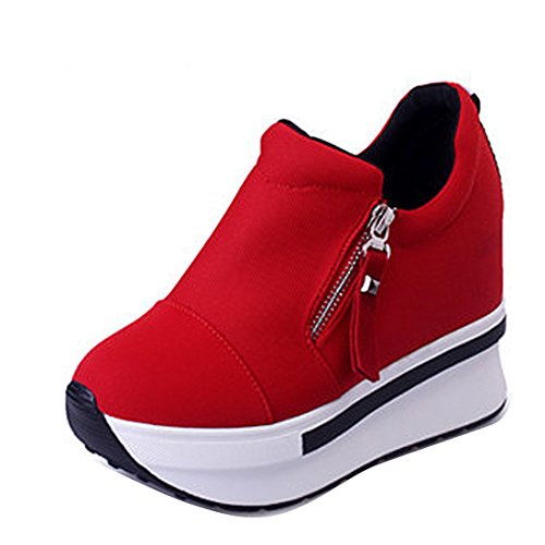 Damen Plateau versteckter Absatz Keilabsatz Sneaker Reißverschluss Casual Sneakers Slip On Elevator Schuhe, Rot - rot - Größe: 38 EU von Gaorui