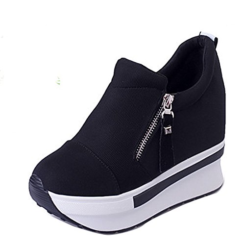 Damen Plateau versteckter Absatz Keilabsatz Sneaker Reißverschluss Casual Sneakers Slip On Elevator Schuhe, Schwarz - Schwarz - Größe: 37 EU von Gaorui