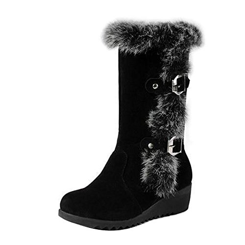 Gaorui Damen Winterstiefel Warmfutter Halbstiefel mit Schnalle Keilabsatz Schwarz Fell von Gaorui