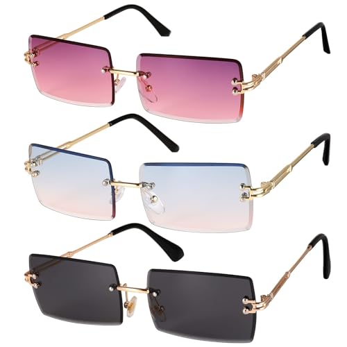 Gaosaili 3 Stücke Rechteck Randlose Sonnenbrille, Retro Durchsichtige Linse Rahmenlose Sonnenbrille für Frauen Männer - Square Rimless Sunglasses von Gaosaili