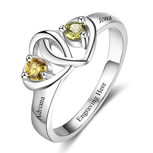 Gaosh Damen Herzform Ring Personalisiert mit 2 Geburtsmonat Zirkonia Stein Geburtsstein & Gravur 2 Namen 925 Sterling Silber Geschenk für Valentine Jahrestag Geburtstag Geschenkbox (60 (19.1)) von Gaosh