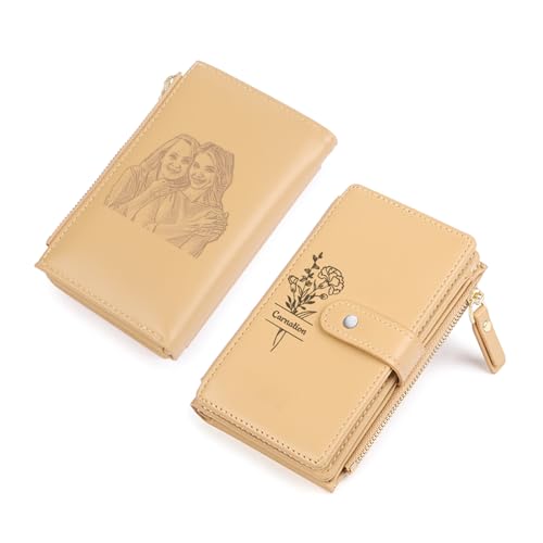 Gaosh Personalisierte Damen Geldbörse mit Graviert Foto Name Geburt Blume Pu Leder Frauen Geldbörse mit RFID Zip Münzfach Multi Card Slot Personalisiertes Geschenk (A-Gelb) von Gaosh