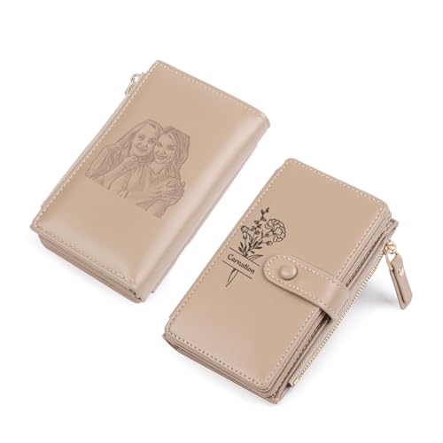 Gaosh Personalisierte Damen Geldbörse mit Graviert Foto Name Geburt Blume Pu Leder Frauen Geldbörse mit RFID Zip Münzfach Multi Card Slot Personalisiertes Geschenk (A-Khaki) von Gaosh