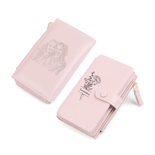 Gaosh Personalisierte Damen Geldbörse mit Graviert Foto Name Geburt Blume Pu Leder Frauen Geldbörse mit RFID Zip Münzfach Multi Card Slot Personalisiertes Geschenk (A-Rosa) von Gaosh