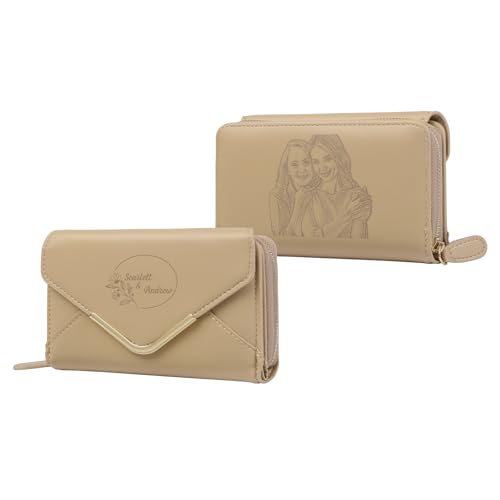 Gaosh Personalisierte Damen Geldbörse mit Graviert Foto Name Geburt Blume Pu Leder Frauen Geldbörse mit RFID Zip Münzfach Multi Card Slot Personalisiertes Geschenk (B-Khaki) von Gaosh