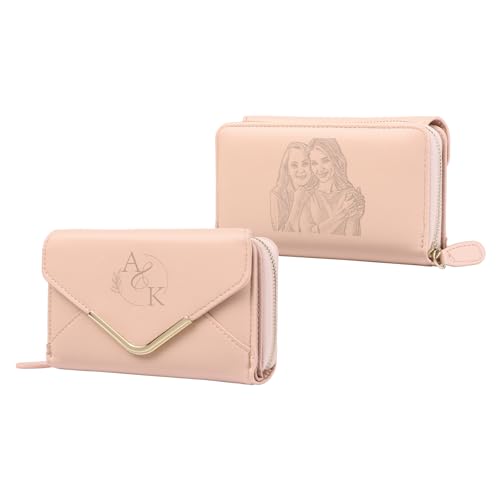 Gaosh Personalisierte Damen Geldbörse mit Graviert Foto Name Geburt Blume Pu Leder Frauen Geldbörse mit RFID Zip Münzfach Multi Card Slot Personalisiertes Geschenk (B-Rosa) von Gaosh