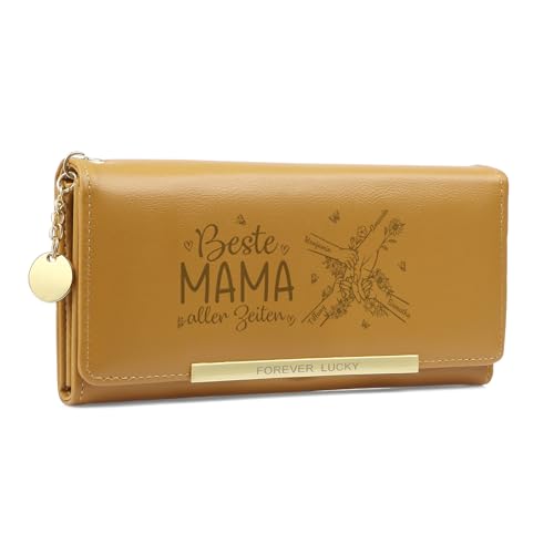 Gaosh Personalisierte Damen Geldbörse mit Name Pu Leder Frauen Geldbörse mit RFID Zip Münzfach Multi Card Slot Personalisiertes Geschenk (Gelb-4 Name) von Gaosh