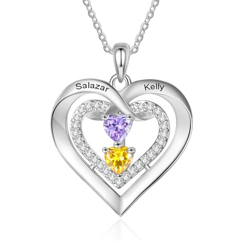 Gaosh Personalisierte Namenskette Damen Kette mit Gravur Herzkette mit Geburtssteinanhänger für Mama Oma Personalisierte Geschenke (B-Name 2) von Gaosh