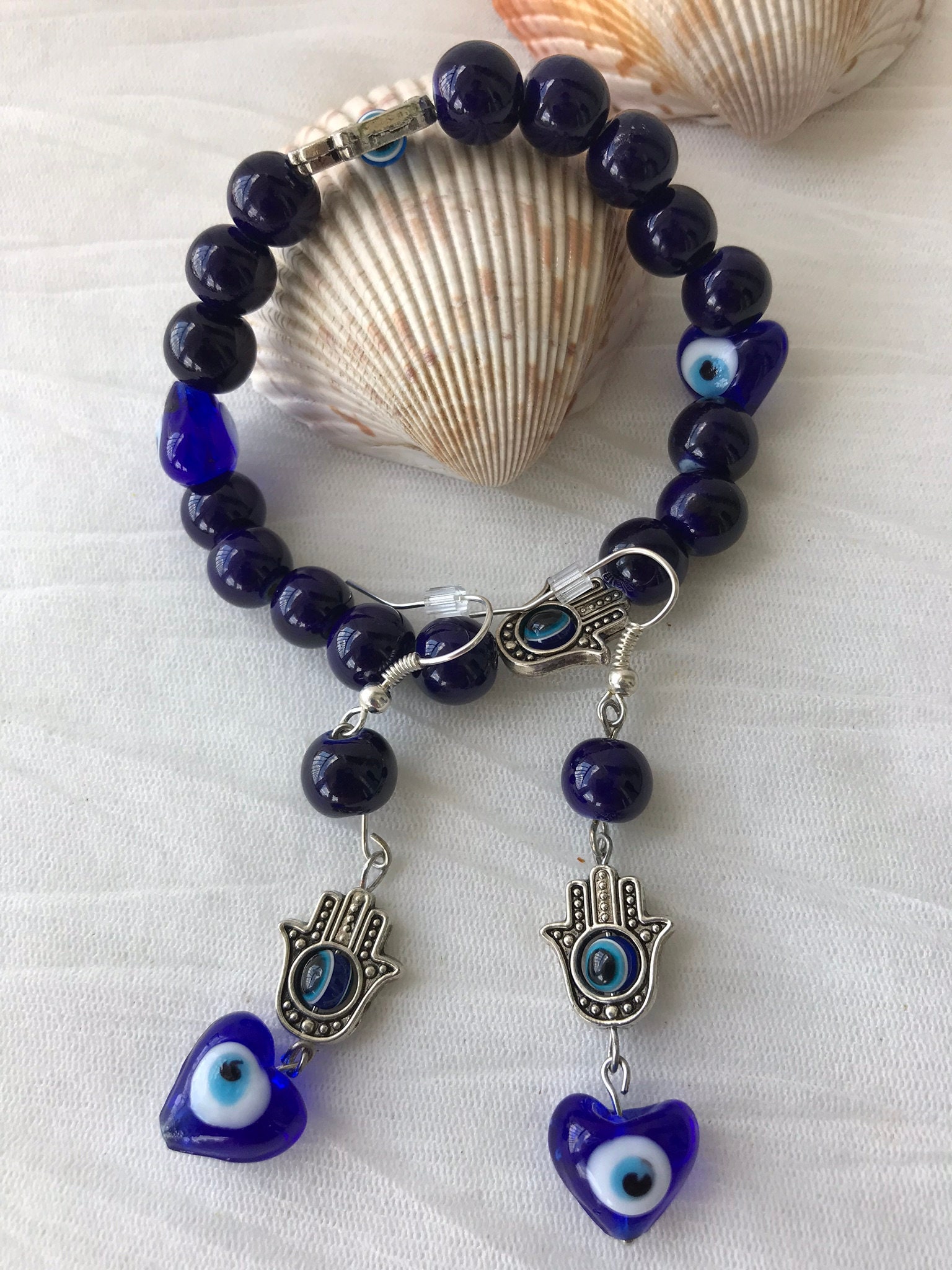 Hamsa Hand, Evil Eye Stretch Armband, Blaues Armband & Ohrringe Set, Garabatobyc Hamsa Hand, Evil Eye Stretch Armband, Blaues Armband & Ohrringe Set, Garabatobyc von GarabatoByC