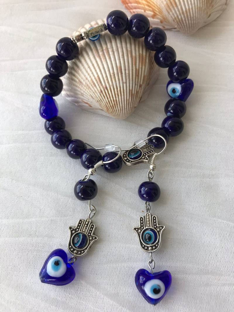 Hamsa Hand, Evil Eye Stretch Armband, Blaues Armband & Ohrringe Set, Garabatobyc Hamsa Hand, Evil Eye Stretch Armband, Blaues Armband & Ohrringe Set, Garabatobyc von GarabatoByC