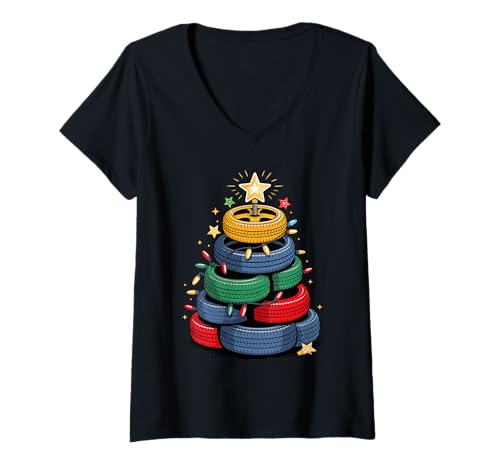 Damen Weihnachtsbaum Auto Reifen Mechaniker Garage Automobil T-Shirt mit V-Ausschnitt von Garage Mechanic Worker Gifts