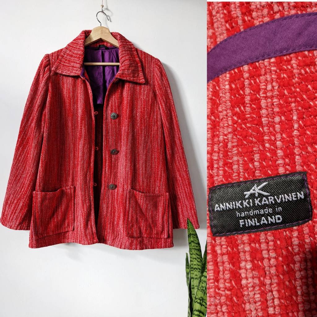 Annikki Karvinen Handgemachte Jacke Finland Wolle Rot von GarageVintageClothes