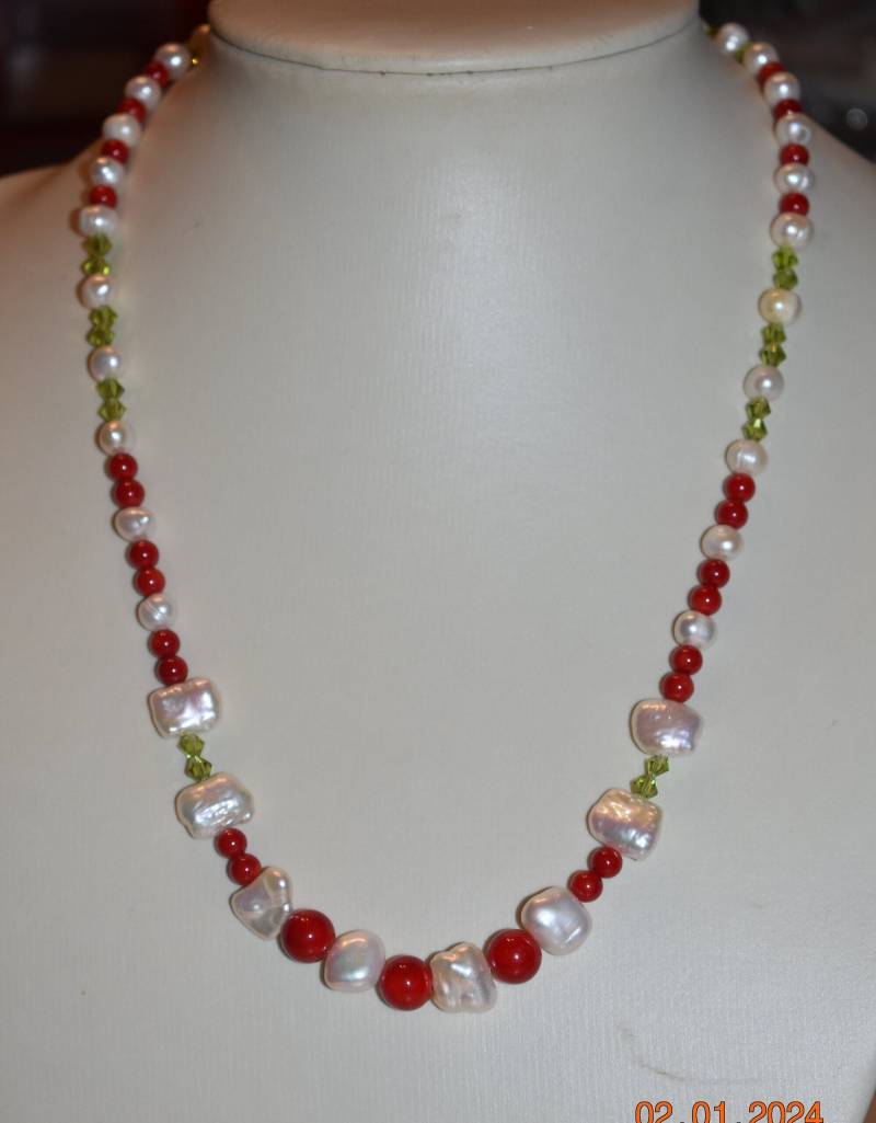 Kette Collier Perlenkette Halskette Biwa Zuchtperlen Swarovski Koralle Edelstein Geschenk Frau Freundin Verlobte Braut Brautjungfer Mutter von GaramondKreation