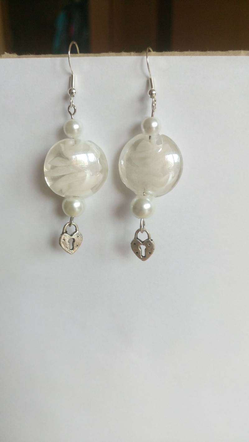 Sale Ohrringe Ohrhänger 925Er Silber Lampwork Weiß Herzschloss Herz Damen Geschenk Verlobte Freundin von GaramondKreation