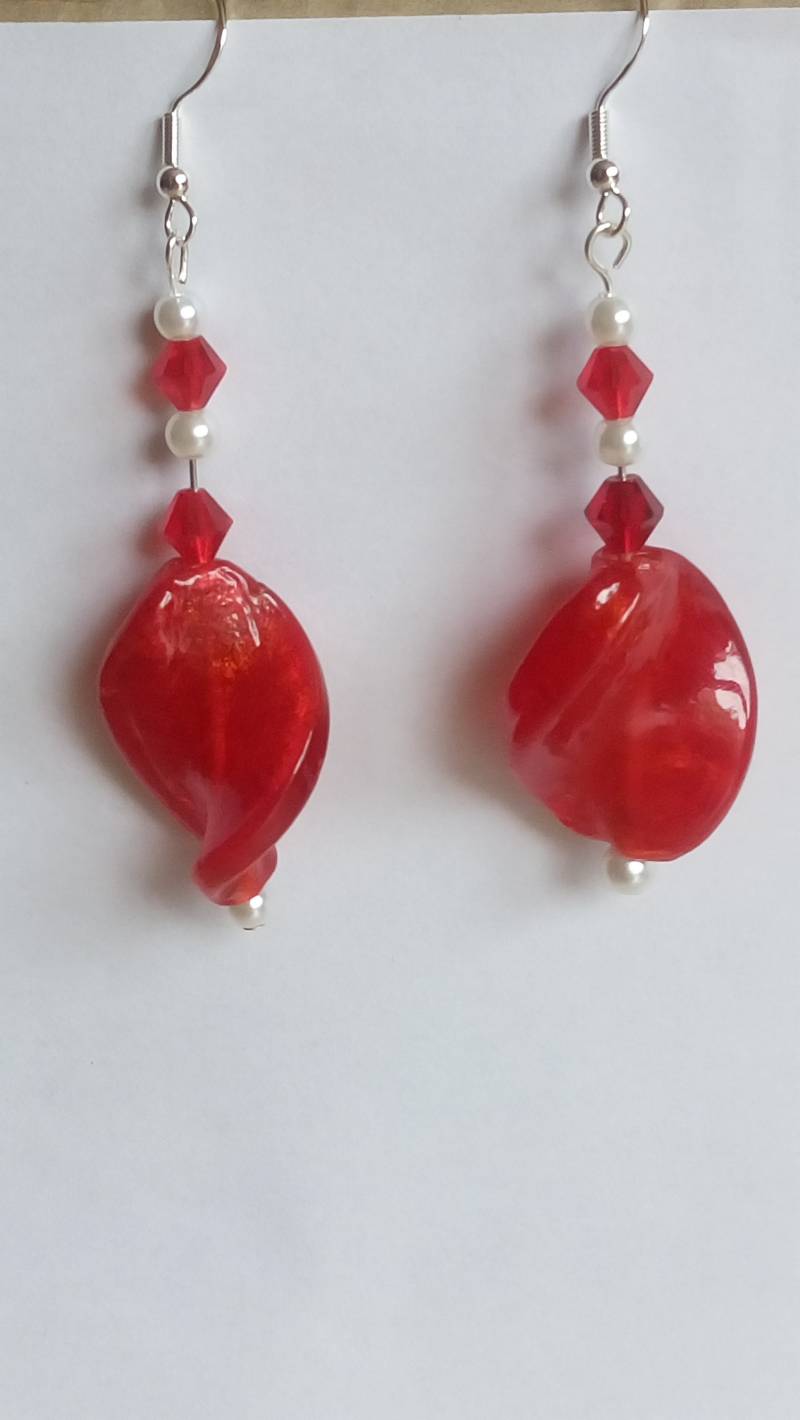Sale Ohrringe Ohrhänger 925Er Silber Lampwork Weiß Rot Swarovski Damen Geschenk Verlobte Freundin von GaramondKreation