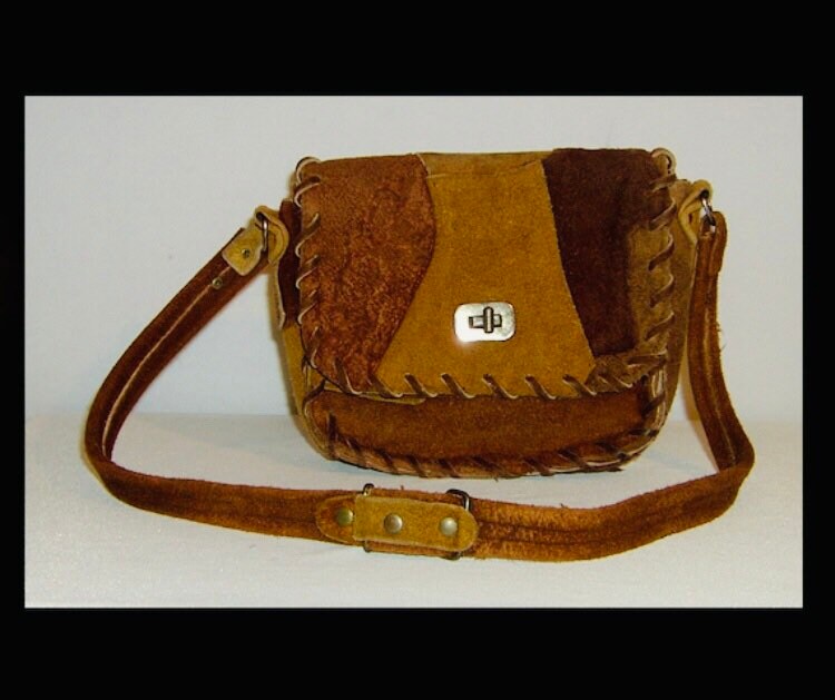 1960Er Jahre Patchwork Wildleder & Leder Geldbörse - Woodstock Hippie-Rindsleder Tasche Whippe Genäht Brauntöne von Garbostreasures